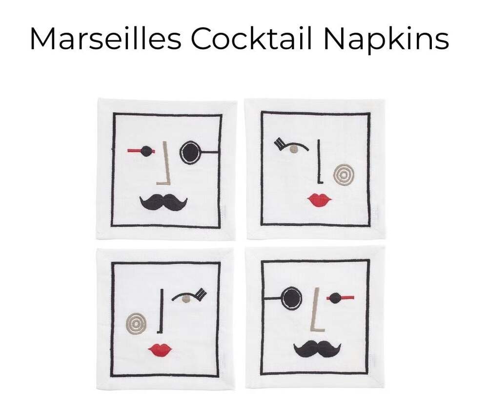 Jonathan Adler Marseilles Embroidered Cocktail Napkins, Set of 4, 6" x 6" ships